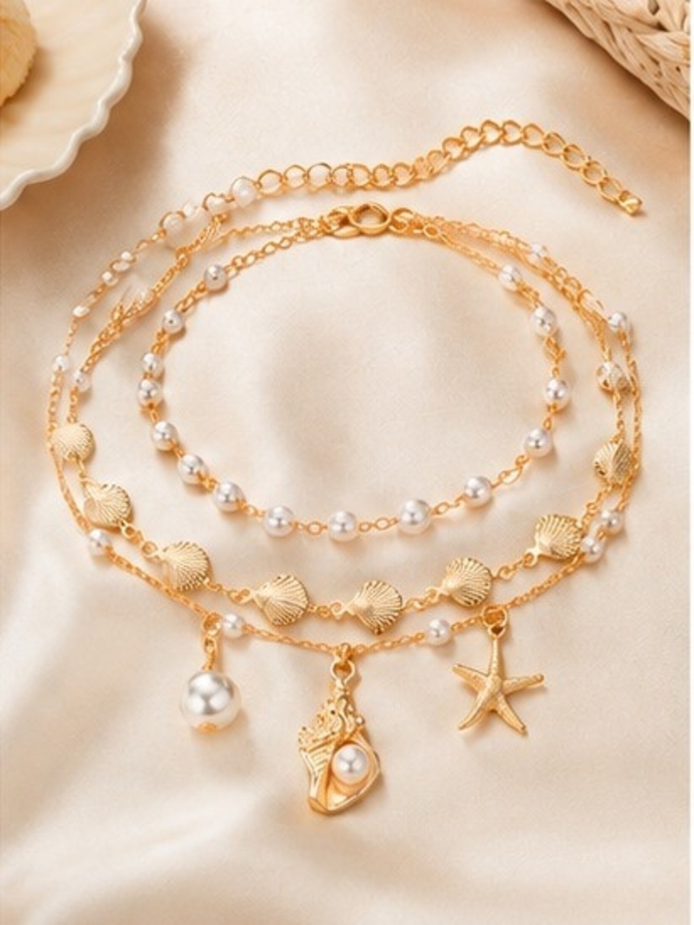 3-Piece Gold Tone Pearl Shell & Starfish Layered Anklet Set - Picture 3 of 7